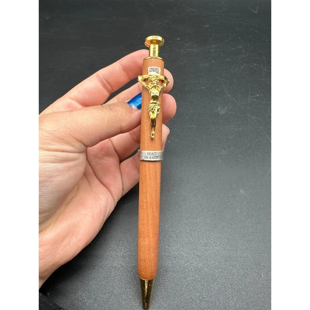 Wood‎ Crucifix Pen Gold Tone Jesus Relief Peace on Earth Boxed Religious INRI